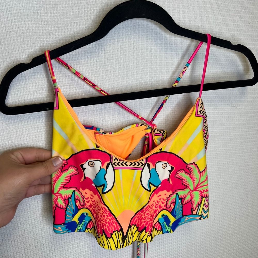 Mara Hoffman Swim Parrot Tropical Print Tie Back Bikini Top Large Multicolor